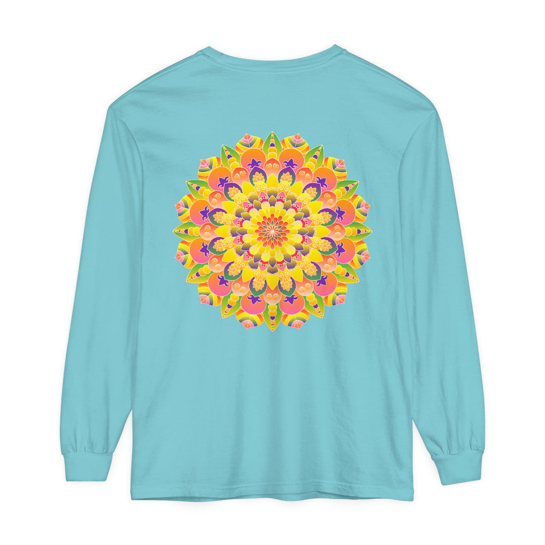 Colorful and intricate mandala design on a unisex long sleeve t-shirt