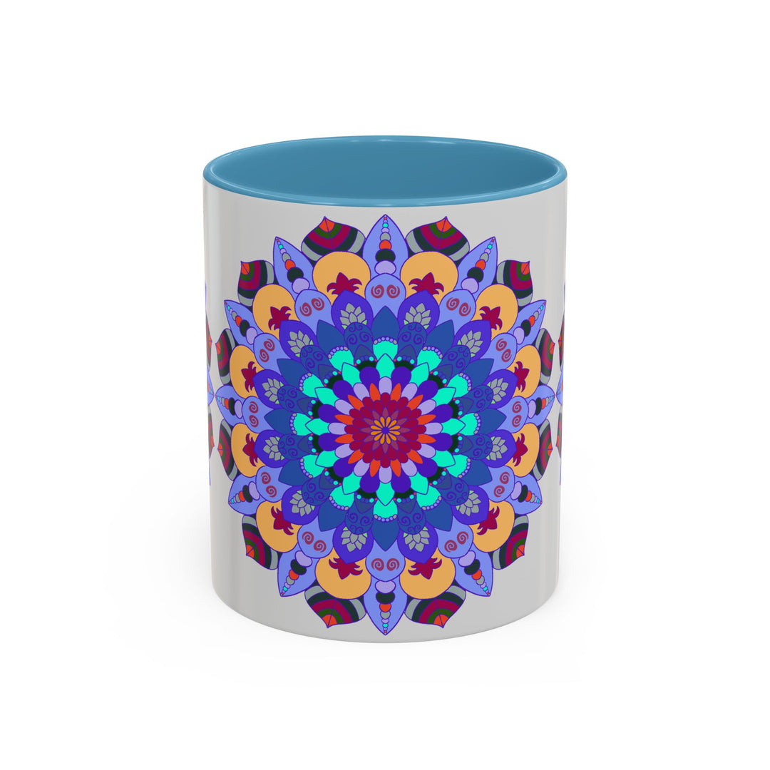 Colorful and symmetrical mandala art mug featuring intricate designs and vibrant colors