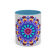 Colorful and symmetrical mandala art mug featuring intricate designs and vibrant colors