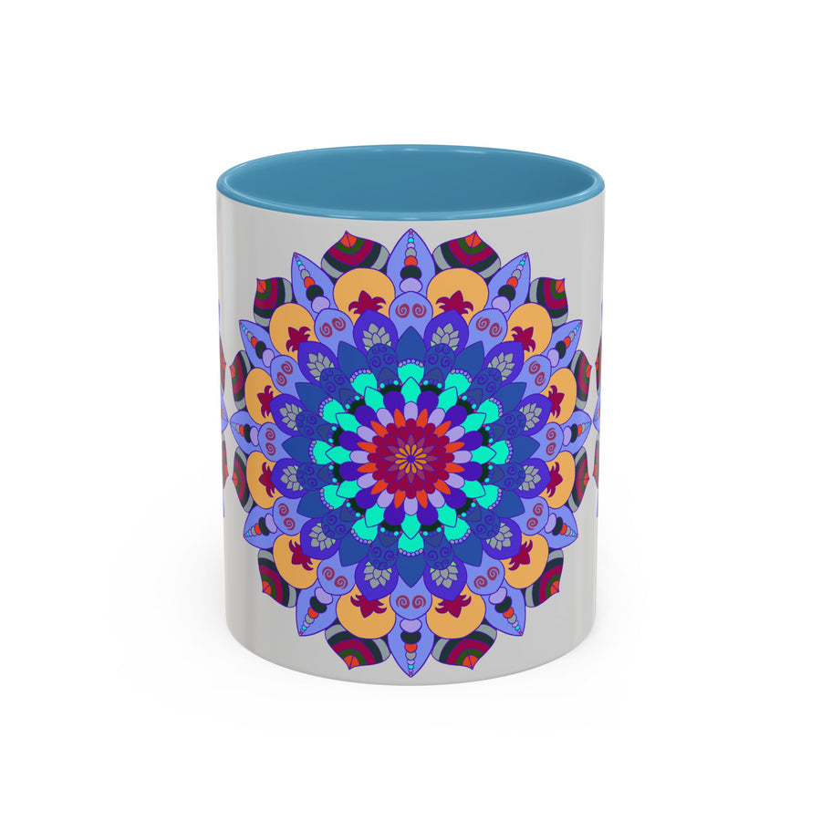 Colorful and symmetrical mandala art mug featuring intricate designs and vibrant colors