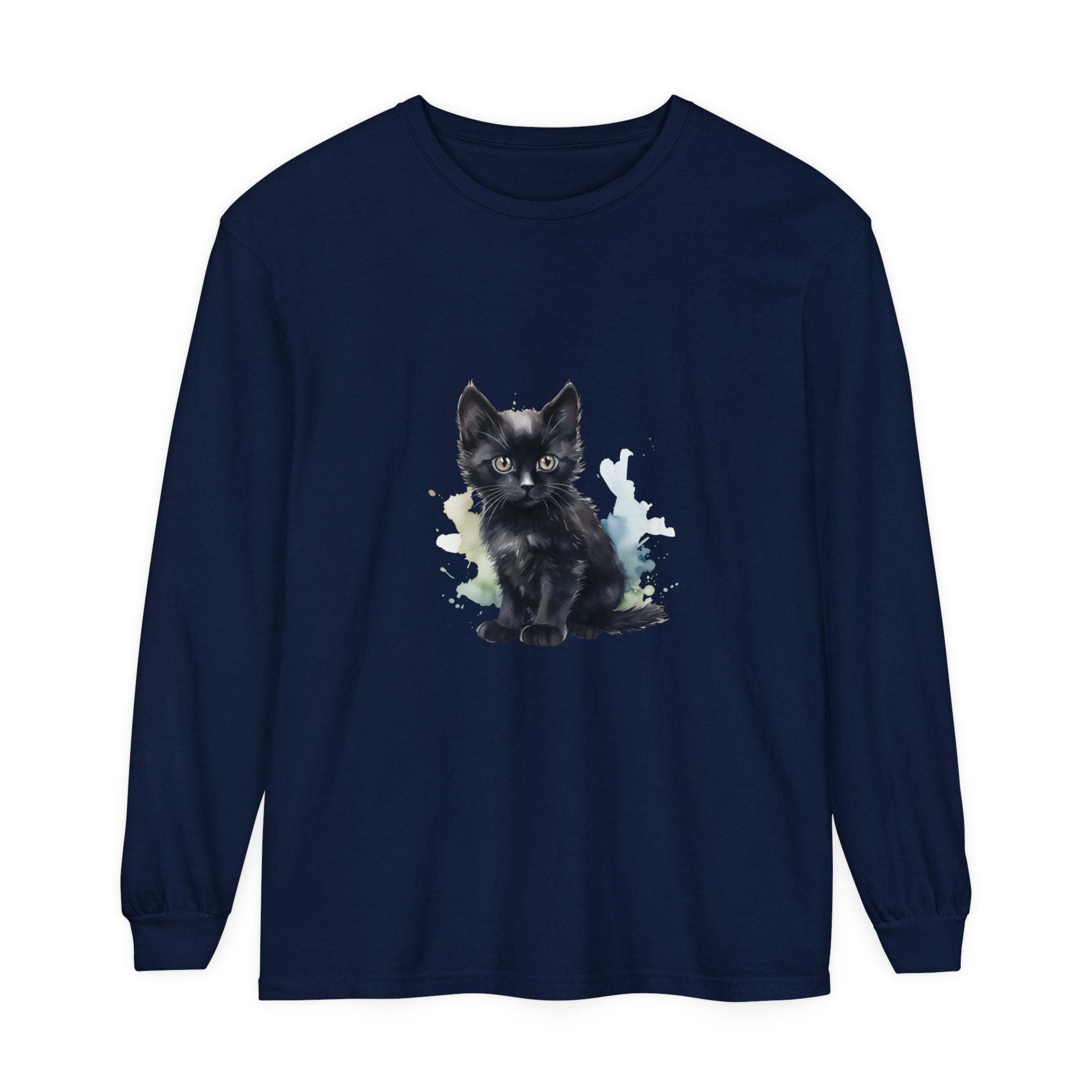 Black Kitten Watercolor Long Sleeve T-Shirt with vibrant and detailed watercolor artwork of a playful black kitten on a high-quality long sleeve shirt