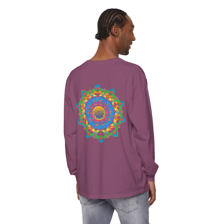 Intricate Mandala Long Sleeve T-Shirt with beautiful floral design in blue, white, and pink