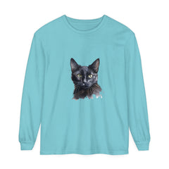 Black Cat Watercolor - Mystical Long Sleeve T-Shirt with vibrant watercolor design of a black cat against a starry night sky
