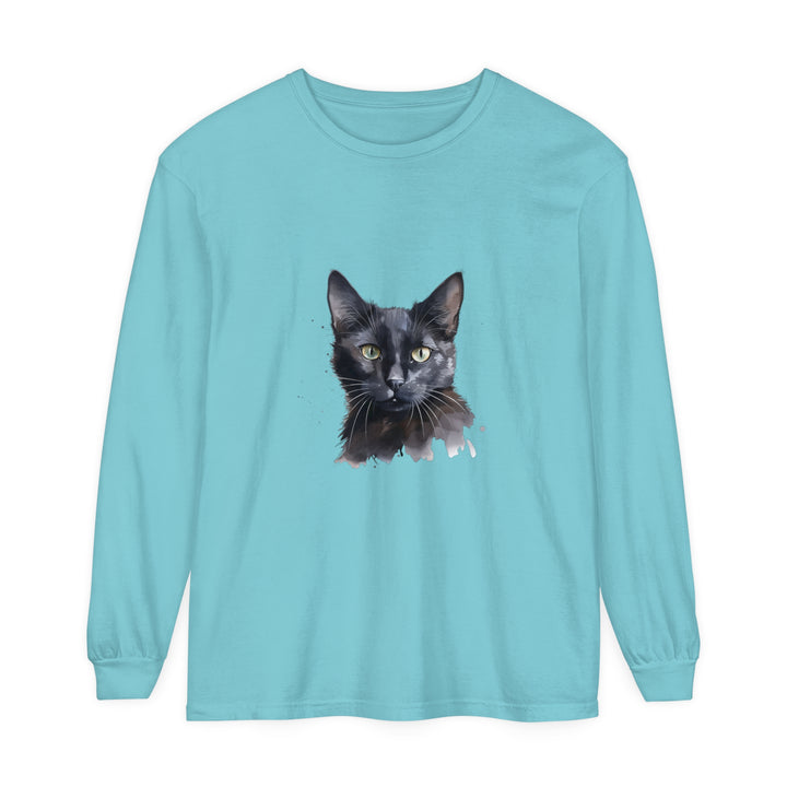 Black Cat Watercolor - Mystical Long Sleeve T-Shirt with vibrant watercolor design of a black cat against a starry night sky