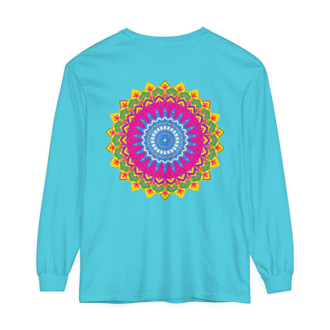 Colorful and intricate mandala design featured on unisex long sleeve t-shirt