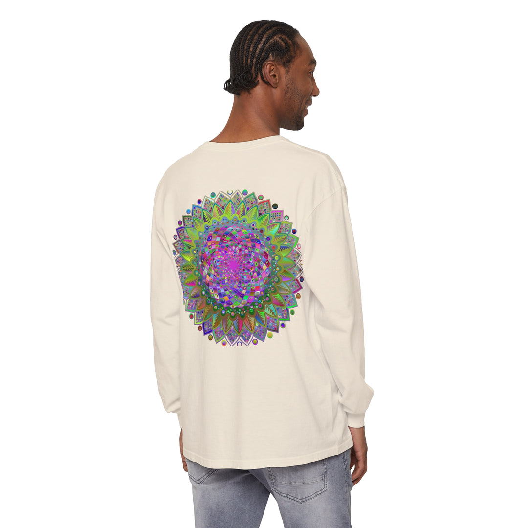 Colorful and intricate mandala design on a unisex long sleeve t-shirt