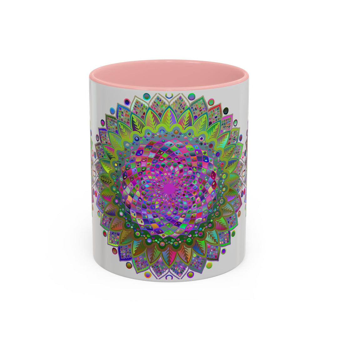 Colorful psychedelic mandala design mug with vibrant art on grey background