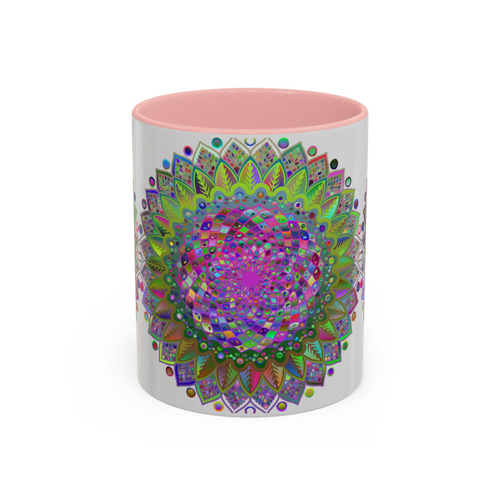 Colorful psychedelic mandala design mug with vibrant art on grey background