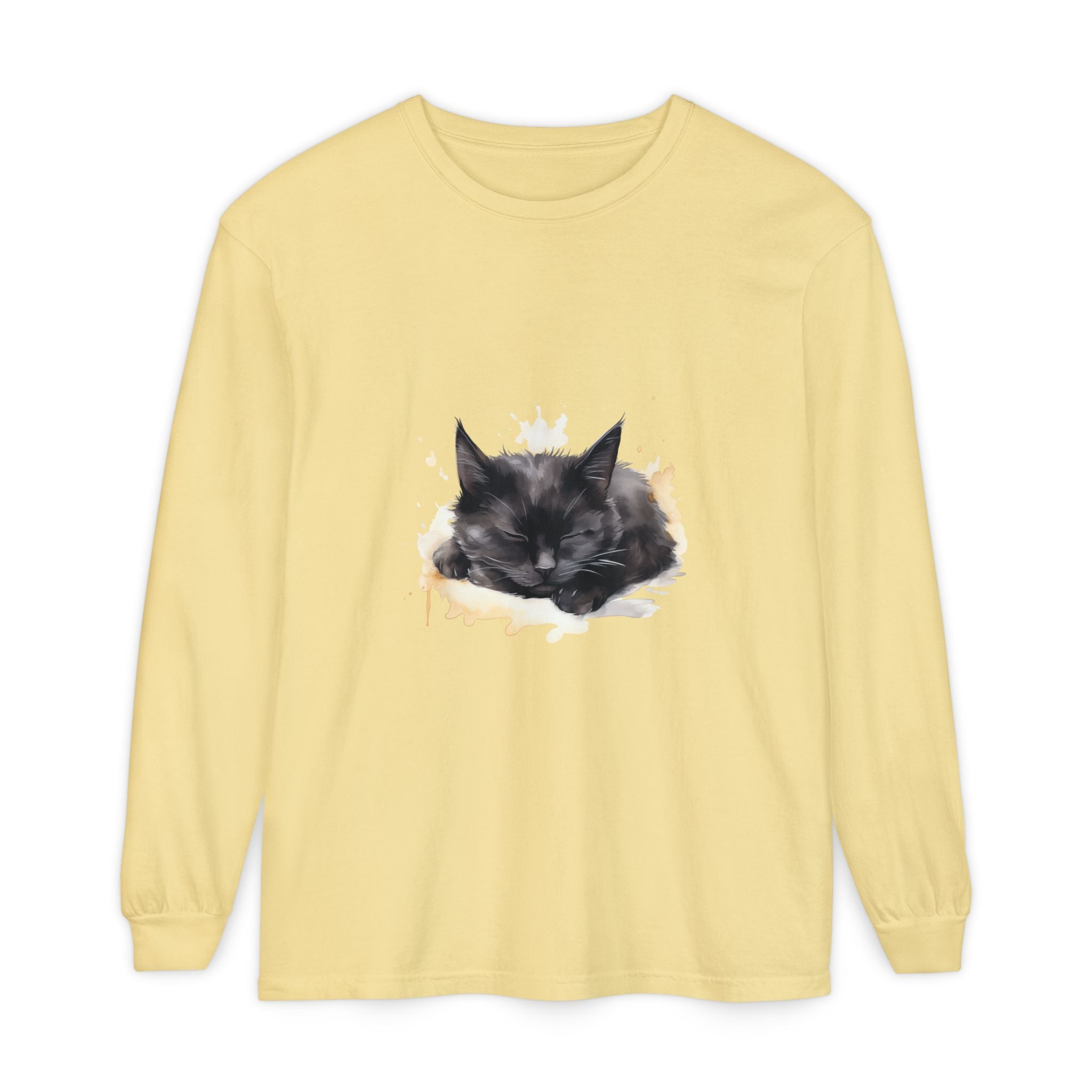 Sleepy Cat Watercolor Long Sleeve T-Shirt