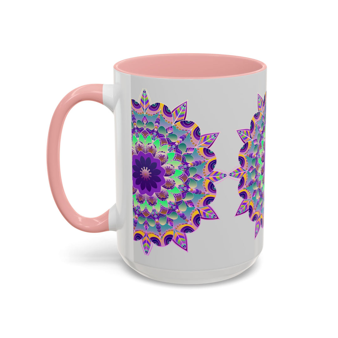 Elegant light grey mug adorned with a stunning and colorful mandala art