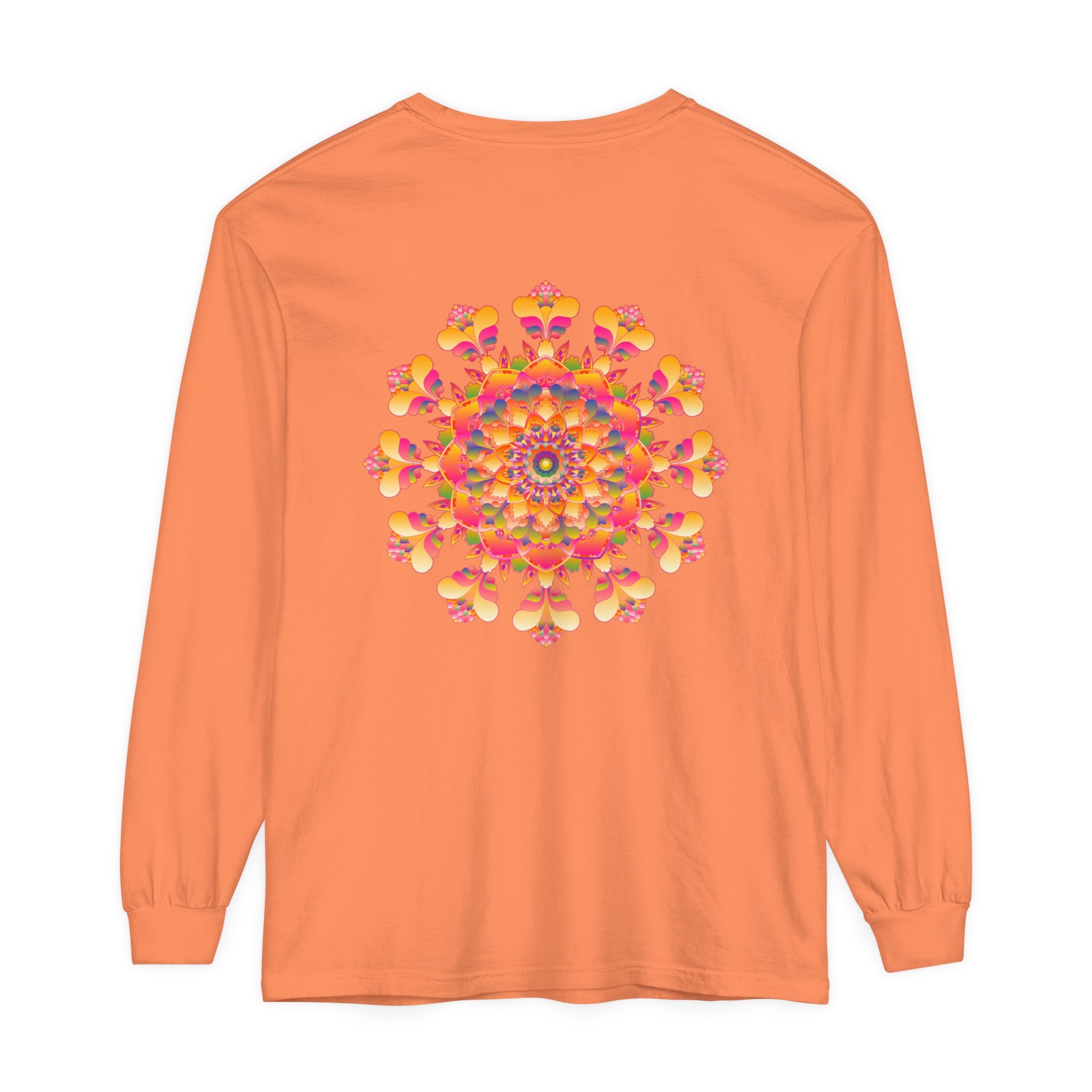 Colorful and intricate mandala design on a long-sleeve unisex t-shirt