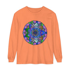Vibrant Mandala Unisex Long Sleeve T-Shirt in Blue and Pink with Intricate Floral Design