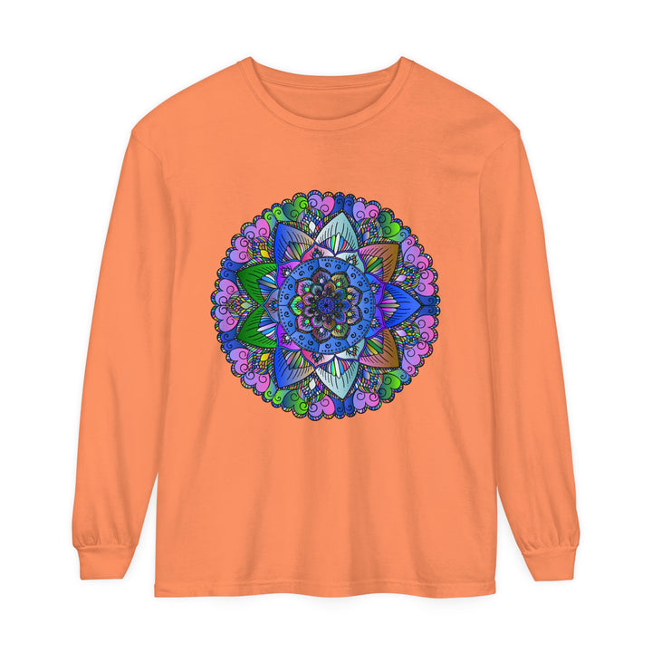 Vibrant Mandala Unisex Long Sleeve T-Shirt in Blue and Pink with Intricate Floral Design