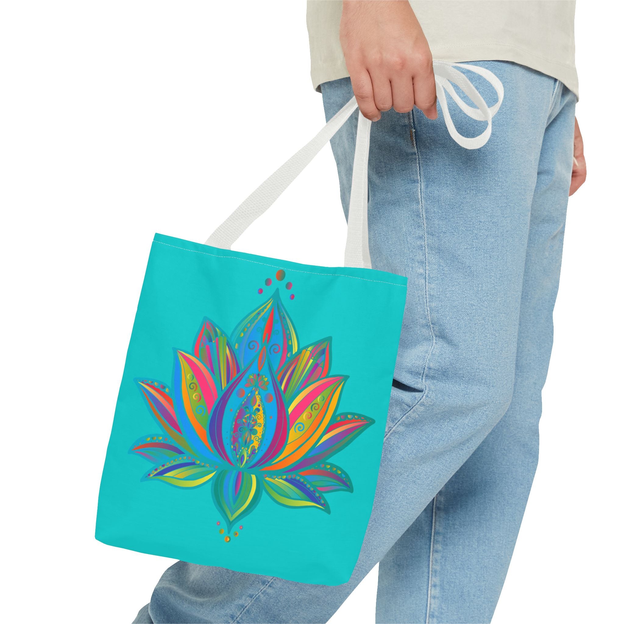 Beautiful azure blue Mandala Lotus Tote Bag, perfect for carrying your essentials with style and grace