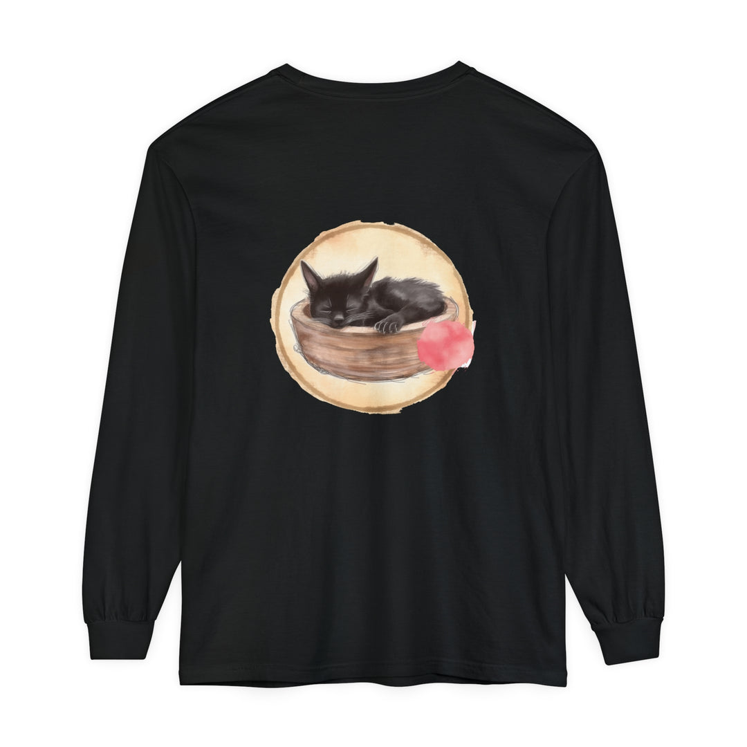 A watercolor illustration of a sleeping cat in a bowl on a long sleeve t-shirt