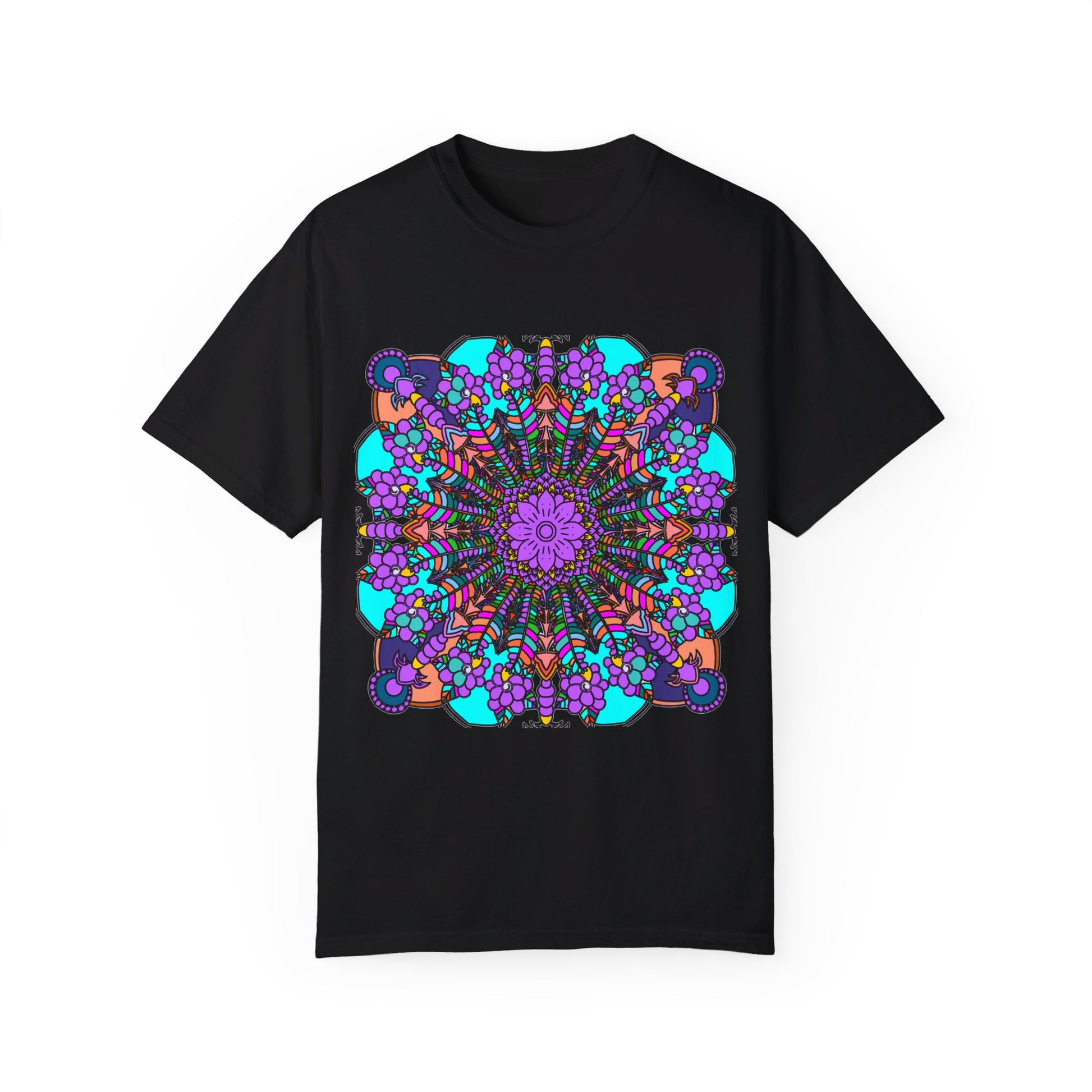 Unisex mandala t-shirt made from 100% ring-spun cotton, garment-dyed for extra comfort, featuring hand-drawn mandala art