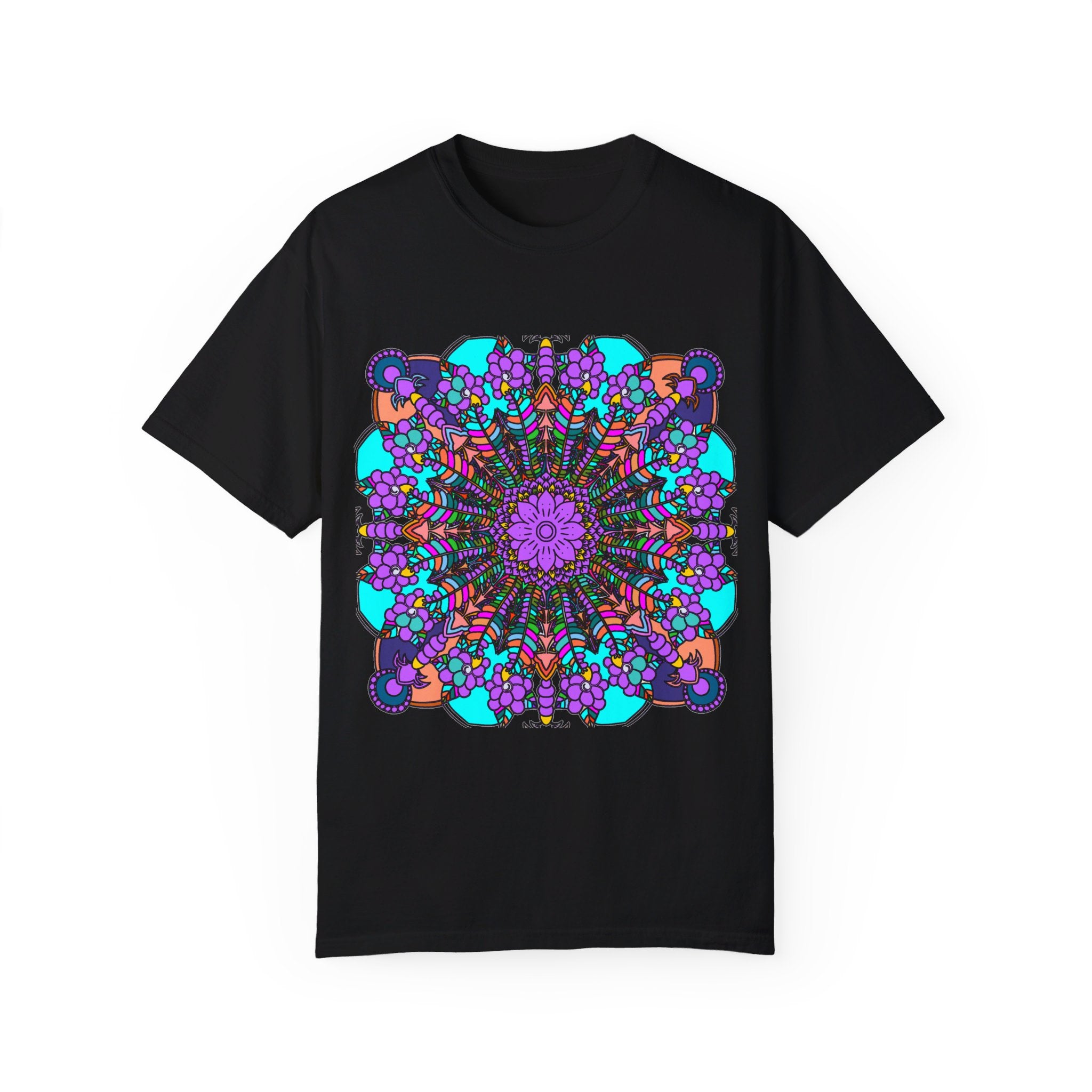 Unisex mandala t-shirt made from 100% ring-spun cotton, garment-dyed for extra comfort, featuring hand-drawn mandala art