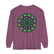 Colorful and vibrant psychedelic mandala design on a unisex long sleeve t-shirt
