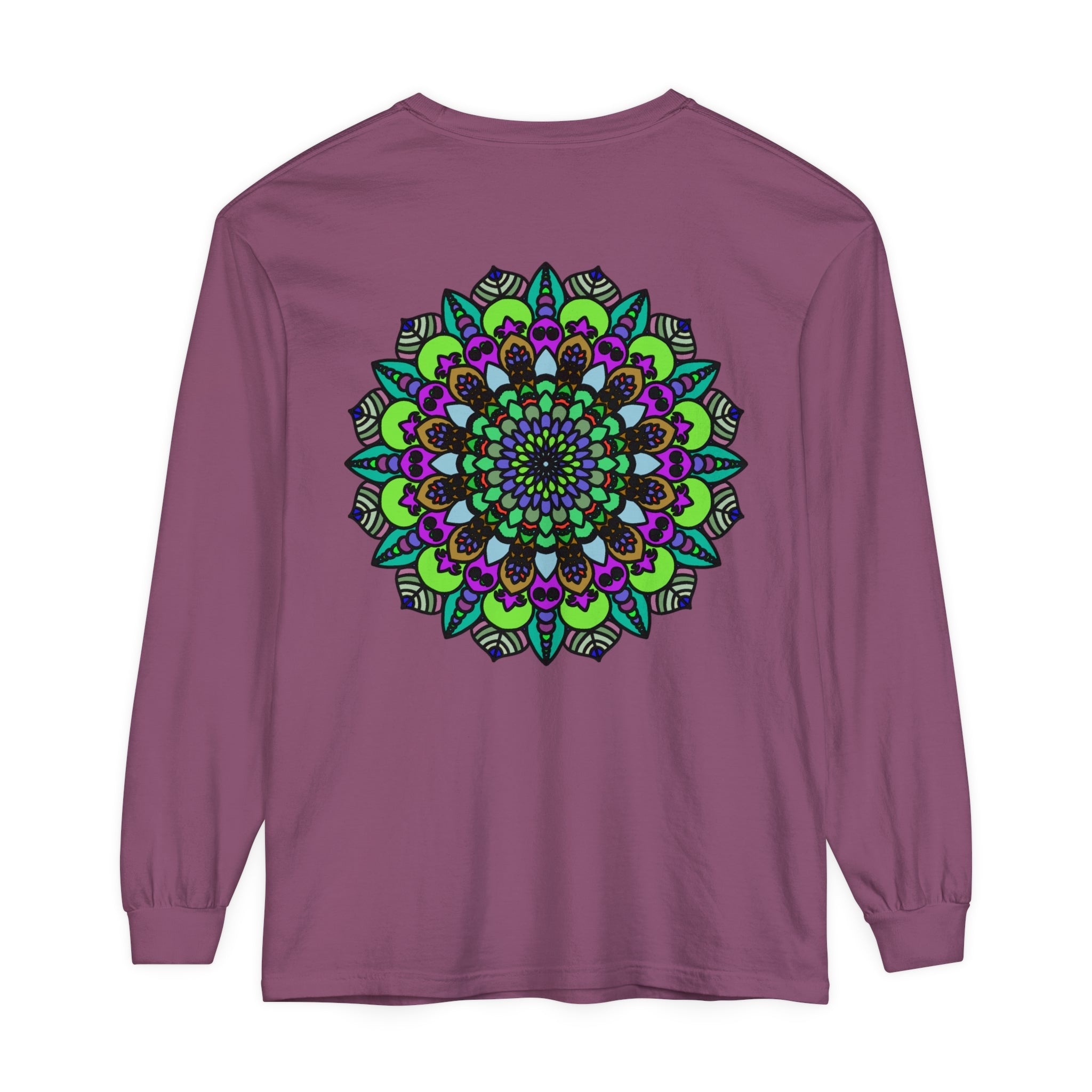 Colorful and vibrant psychedelic mandala design on a unisex long sleeve t-shirt