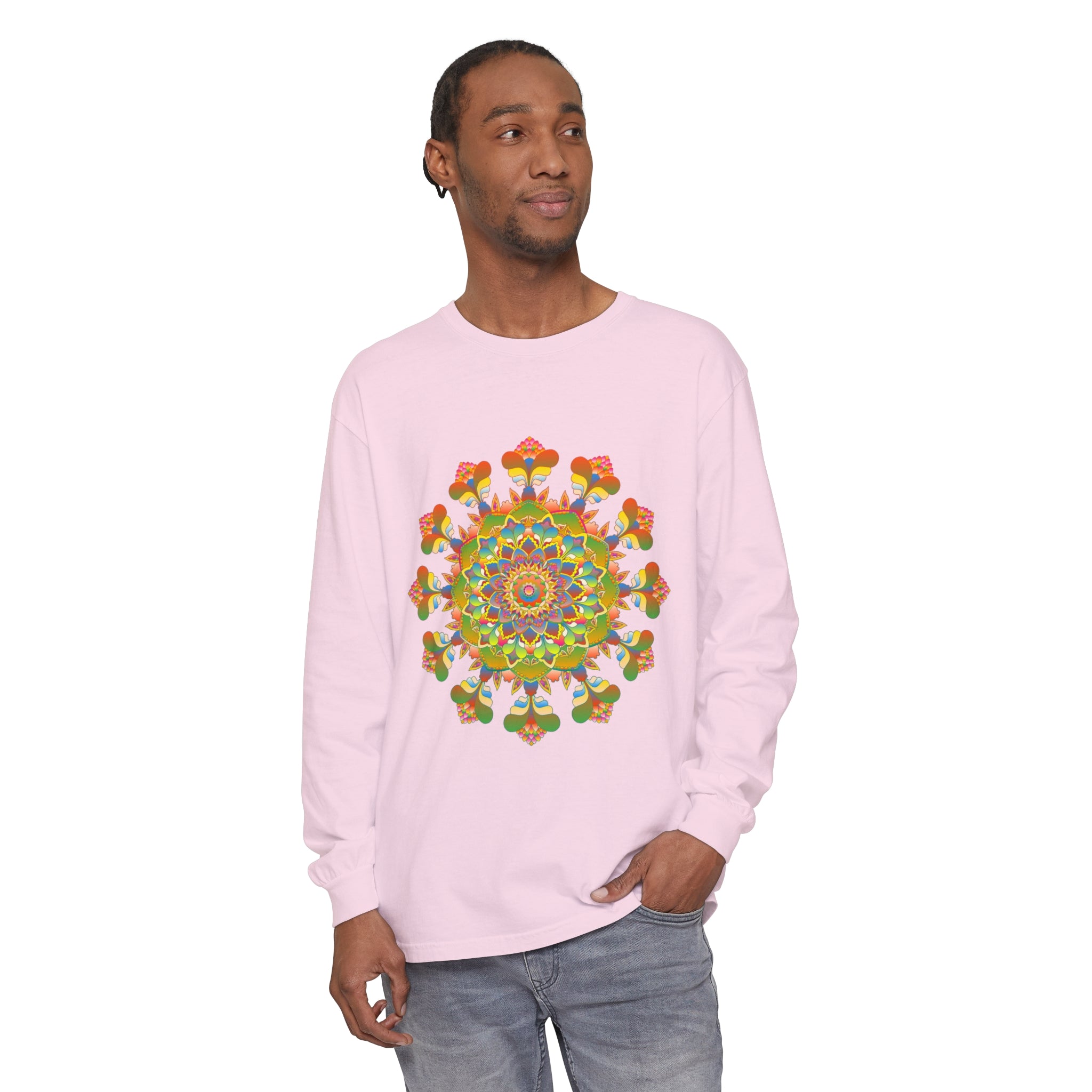 Vibrant Mandala Long Sleeve T-Shirt featuring colorful and intricate artistic design