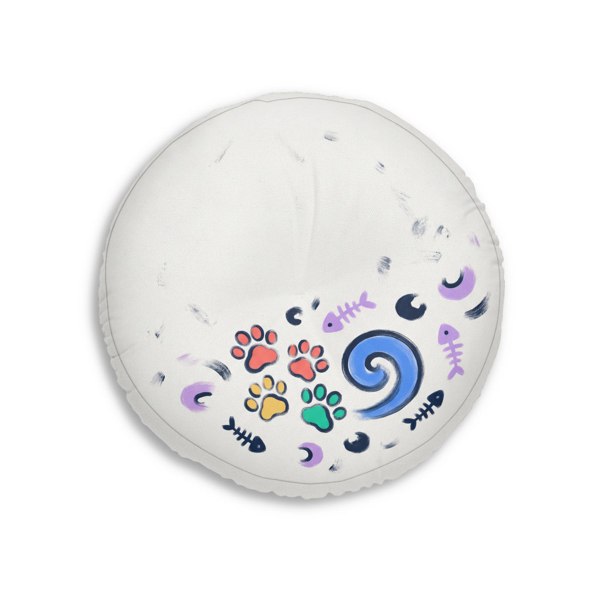 Round Tufted Floor Pillow — Cute Orange Cat Pattern, Paw & Swirl Accent