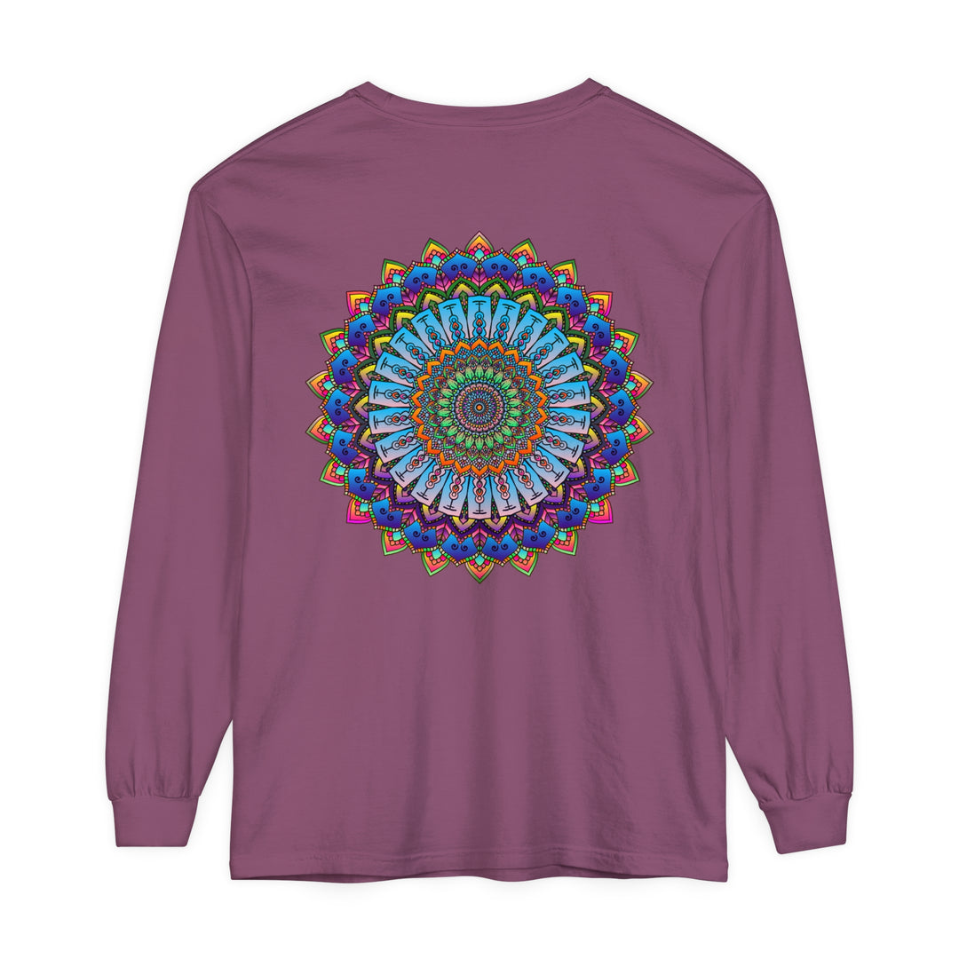 Unisex long sleeve t-shirt showcasing a colorful and striking mandala design