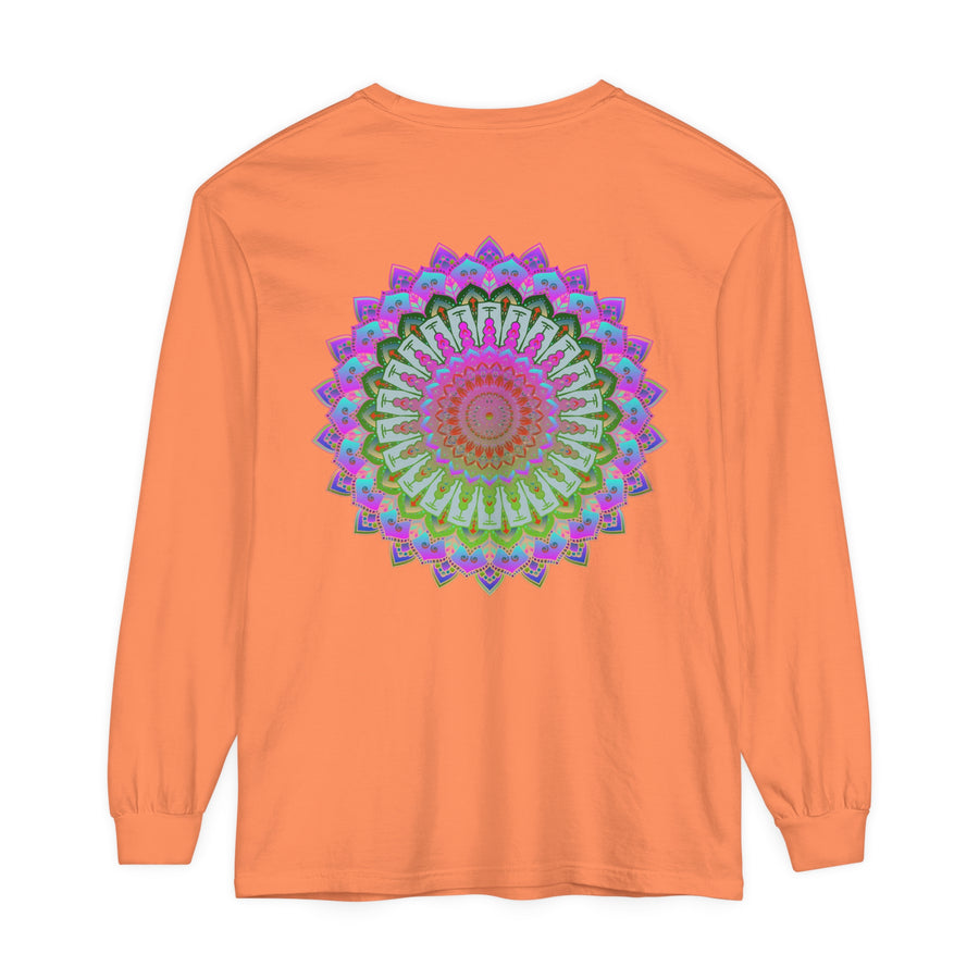 Colorful and intricate mandala design on a unisex long sleeve T-shirt