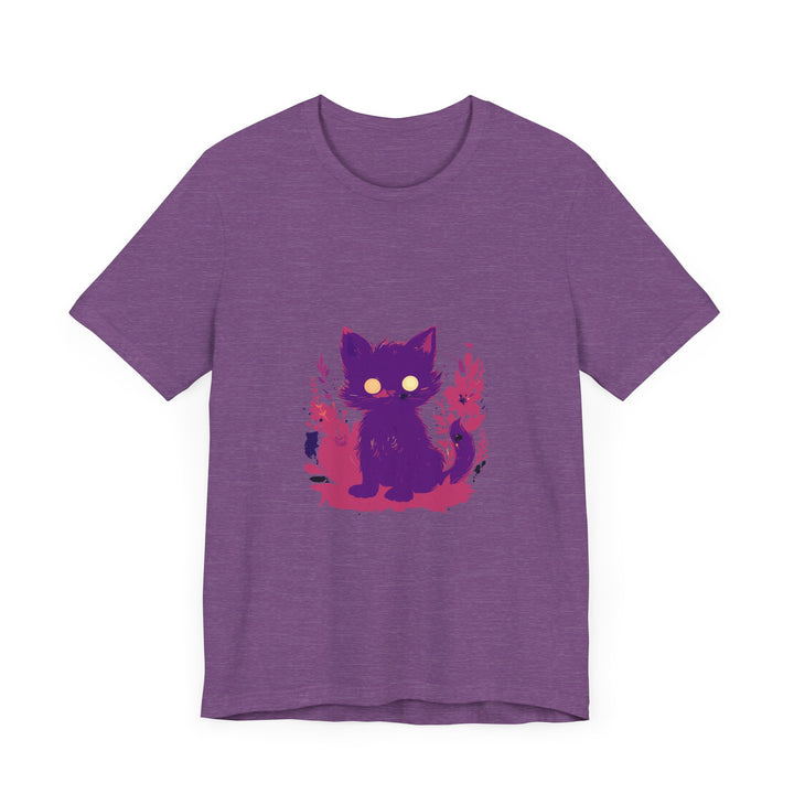 A vibrant purple t-shirt featuring a whimsical design of a mysterious cat with bright eyes and a playful expression