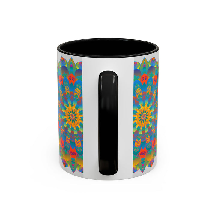 Beautiful handcrafted mandala art mug featuring vibrant yellow, orange, and blue colors