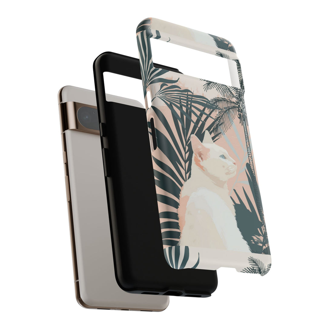 Tropische Katzen-Telefonhülle mit üppigen Palmenmotiven und sanften Pastelltönen