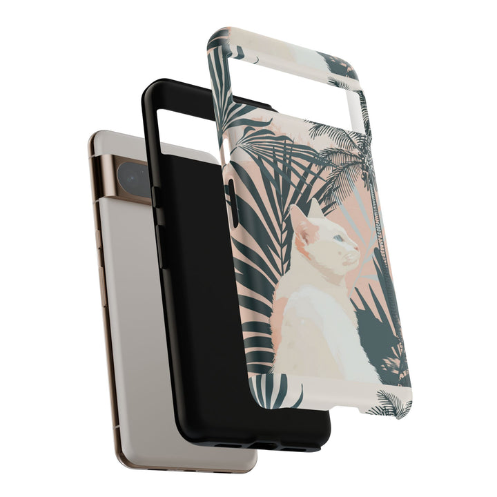 Tropische Katzen-Telefonhülle mit üppigen Palmenmotiven und sanften Pastelltönen