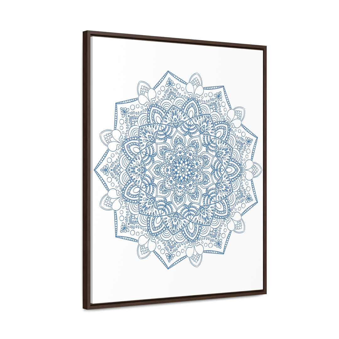 Handmade steel blue Mandala Design Wall Art on gallery canvas wraps, displayed in a vertical frame