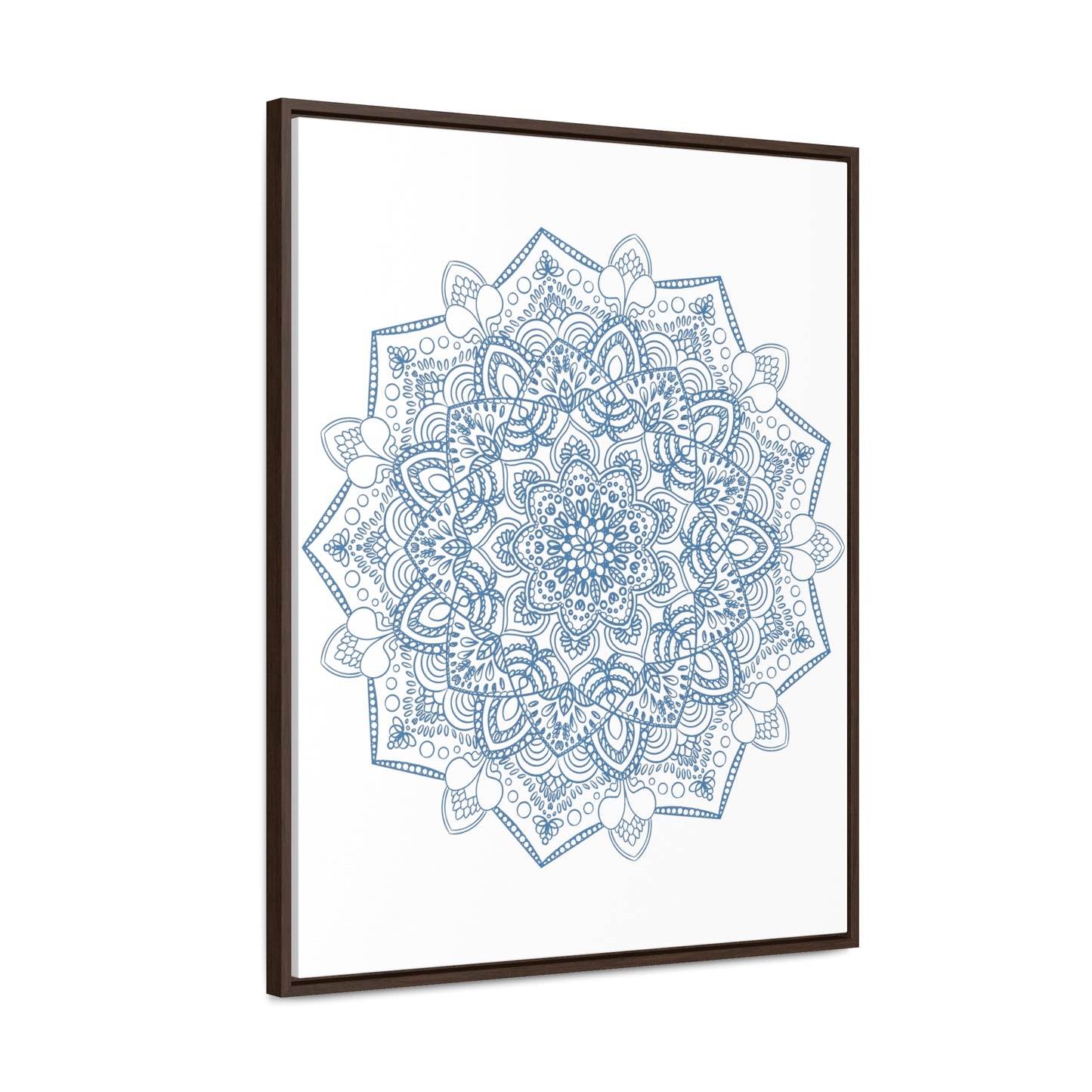 Handmade steel blue Mandala Design Wall Art on gallery canvas wraps, displayed in a vertical frame