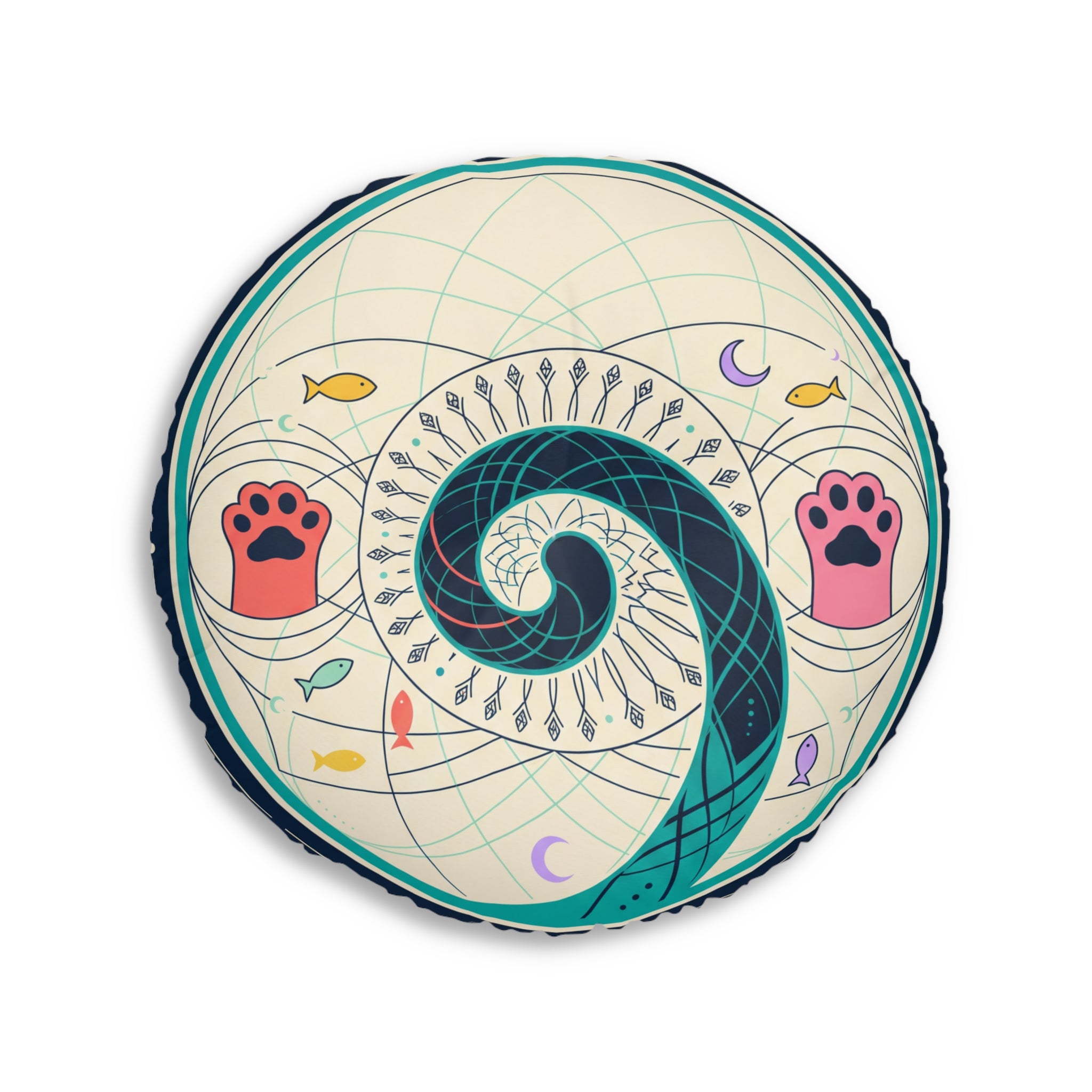 Rundes Bodenkissen mit Katzenmotiv und heiliger Geometrie