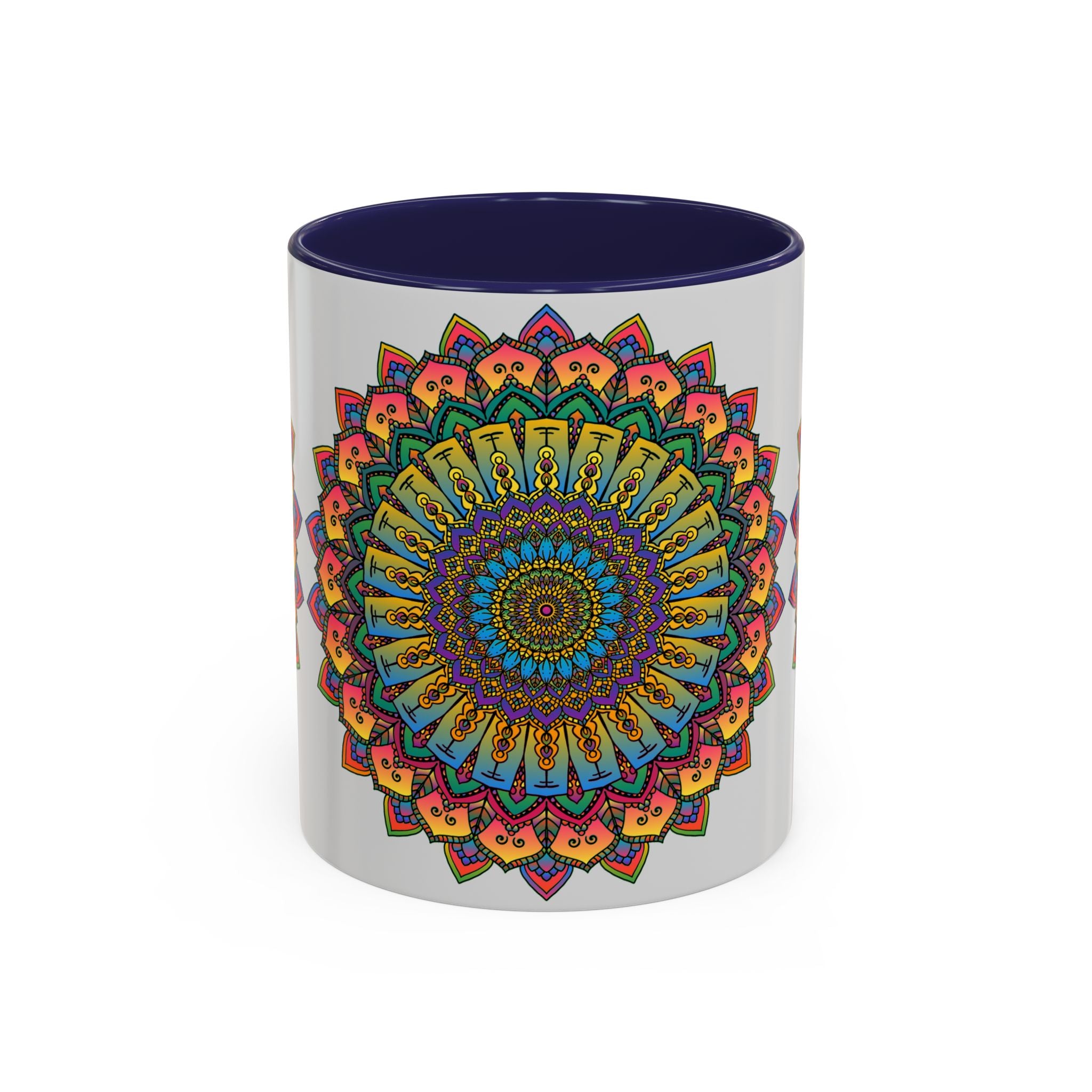 Colorful ceramic mug with a beautiful mandala design, perfect for spiritual relaxation