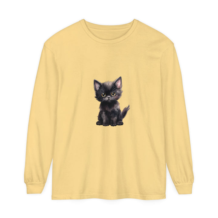 Adorable black kitten with striking yellow eyes printed on a long sleeve t-shirt