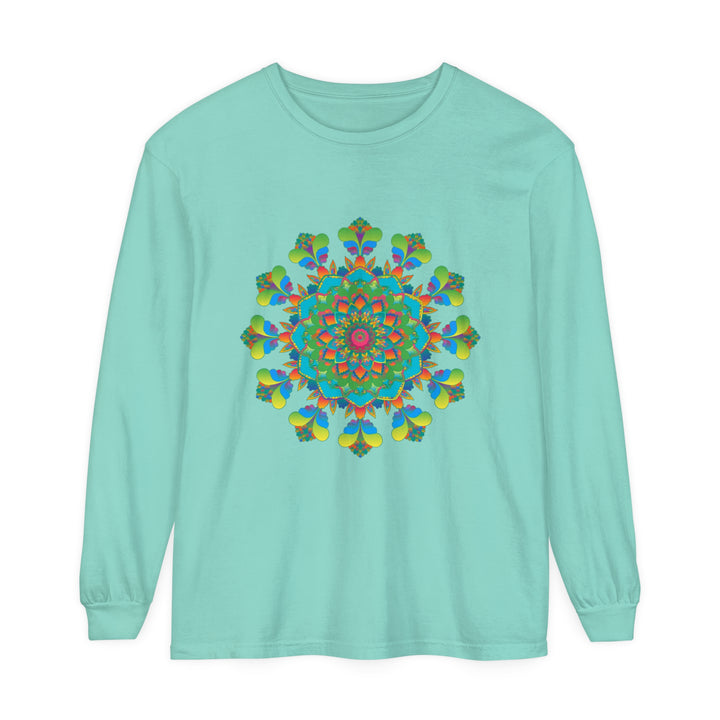 Colorful and intricate mandala tie dye design on a long sleeve t-shirt