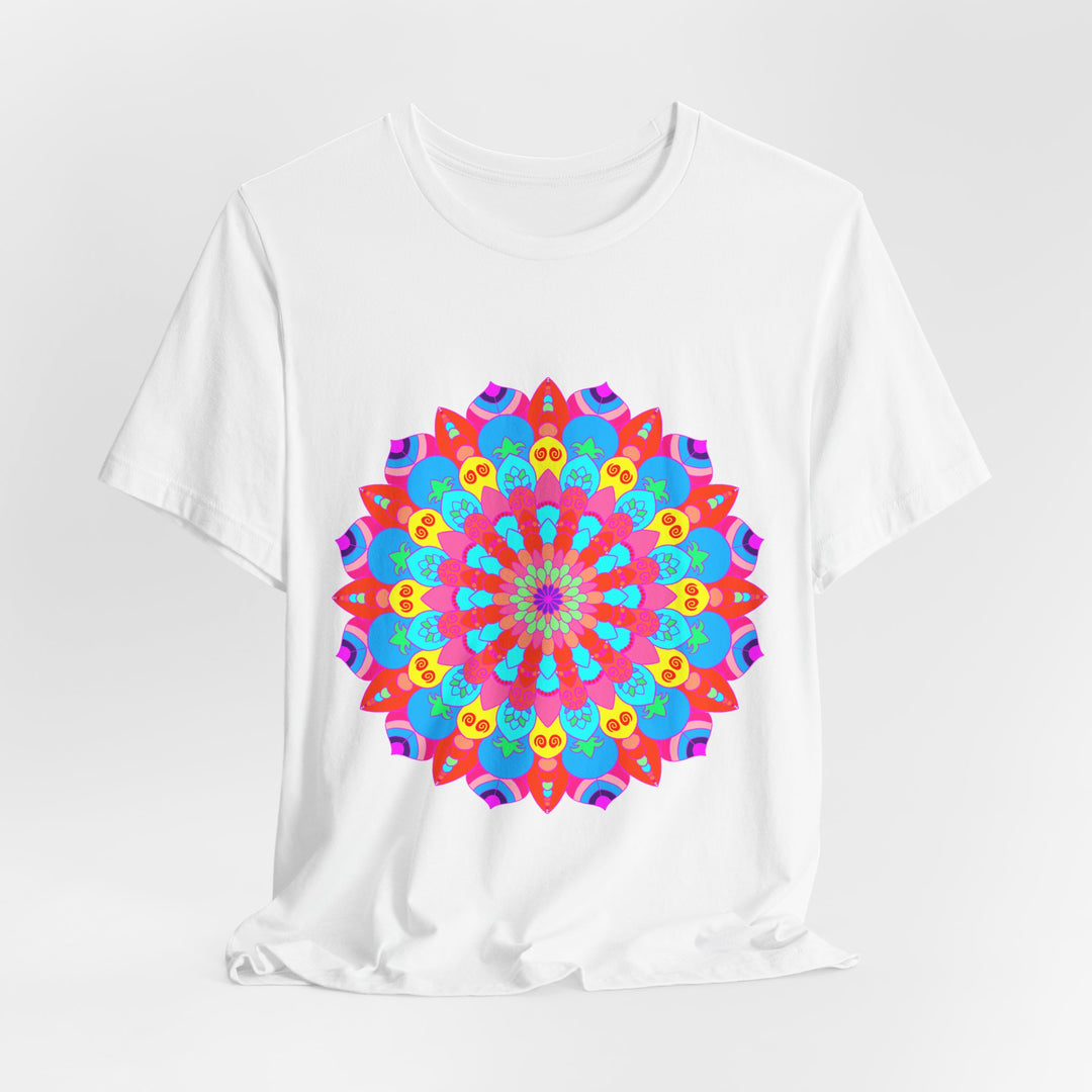 A vibrant and intricate mandala design t-shirt featuring psychedelic art