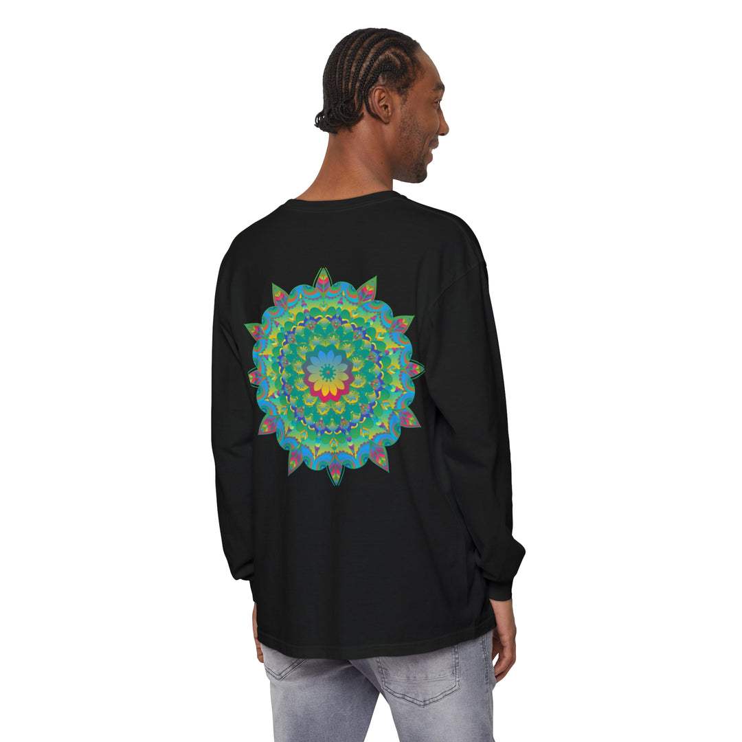 Colorful and intricate psychedelic mandala design on a long sleeve t-shirt