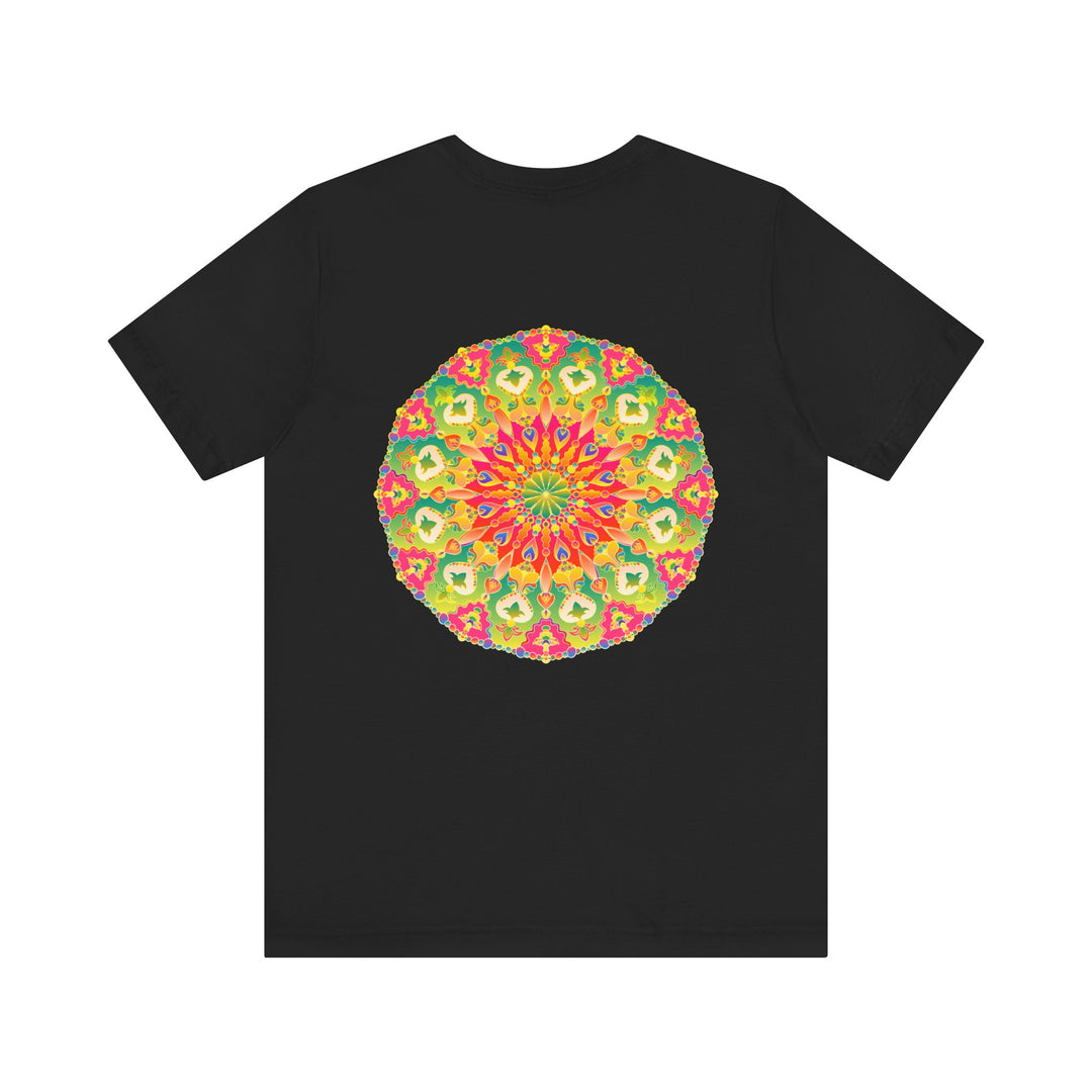 A colorful mandala t-shirt featuring intricate designs and symbols representing spiritual peace and harmony