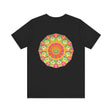 A colorful mandala t-shirt featuring intricate designs and symbols representing spiritual peace and harmony