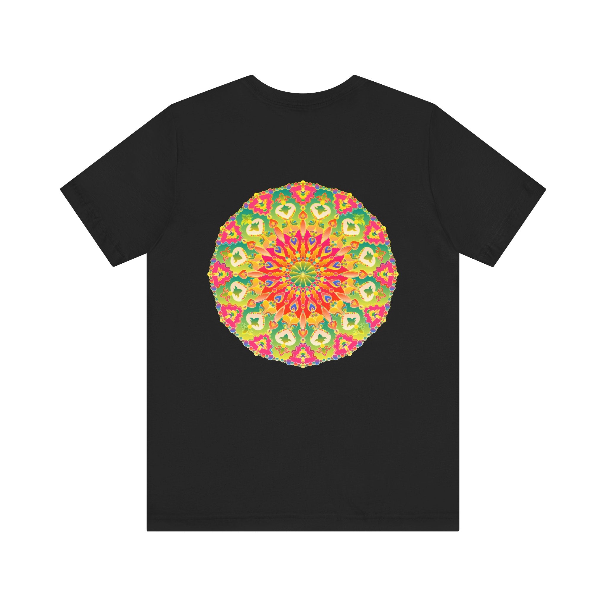 A colorful mandala t-shirt featuring intricate designs and symbols representing spiritual peace and harmony