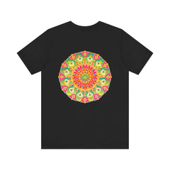 A colorful mandala t-shirt featuring intricate designs and symbols representing spiritual peace and harmony