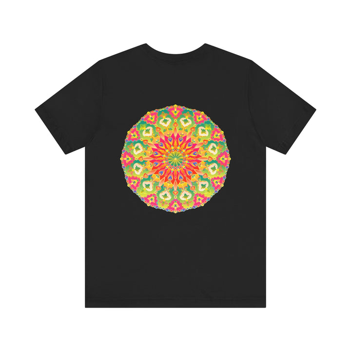 A colorful mandala t-shirt featuring intricate designs and symbols representing spiritual peace and harmony