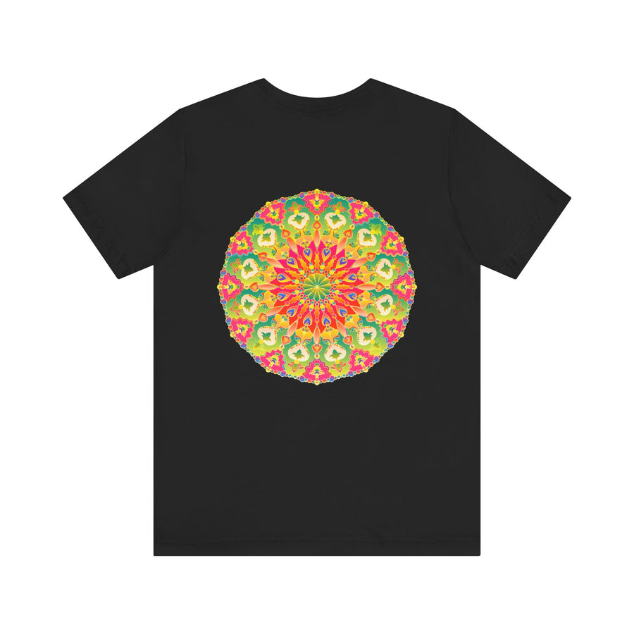 A colorful mandala t-shirt featuring intricate designs and symbols representing spiritual peace and harmony