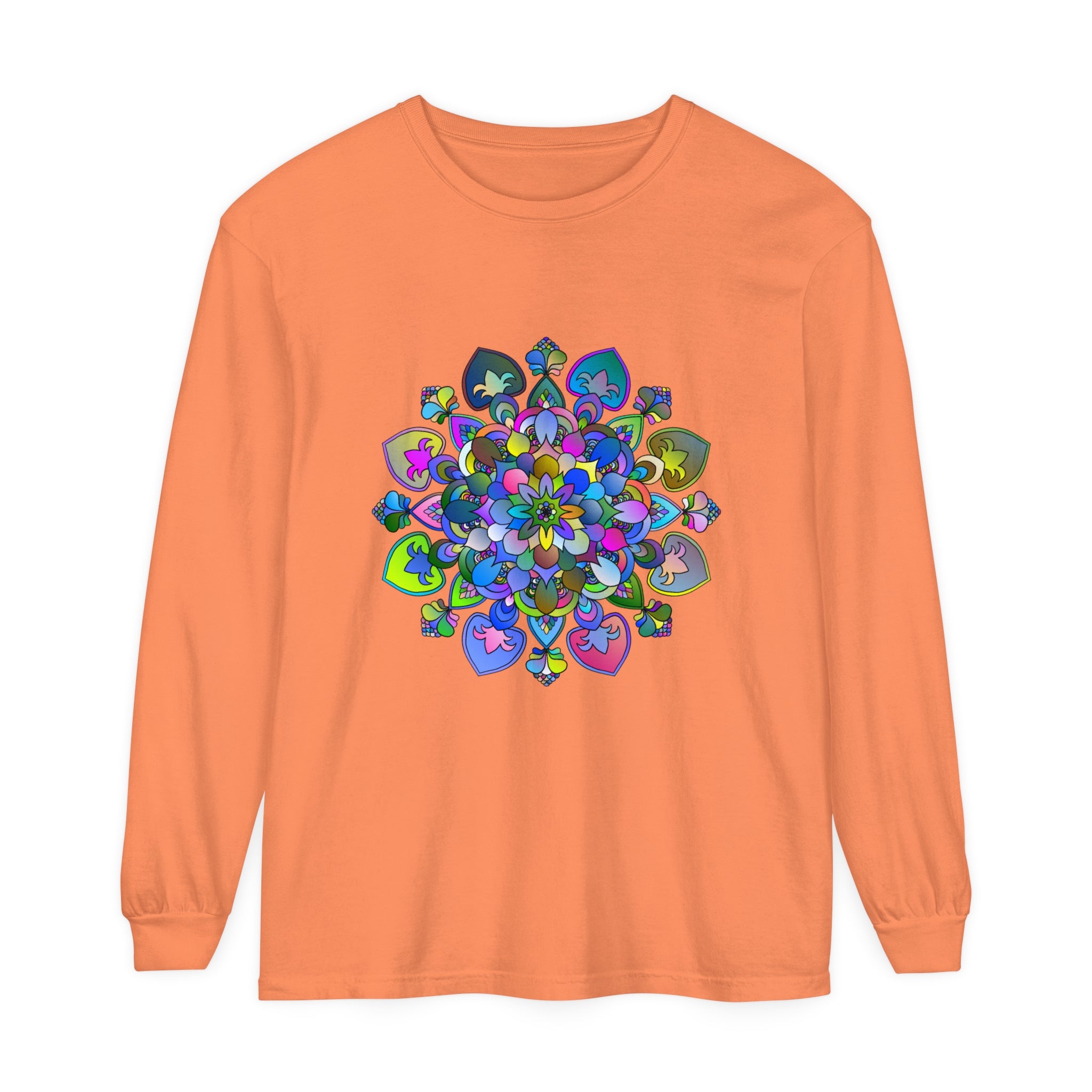 Colorful and intricate mandala design long sleeve t-shirt, perfect for vibrant and stylish looks