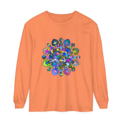 Colorful and intricate mandala design long sleeve t-shirt, perfect for vibrant and stylish looks