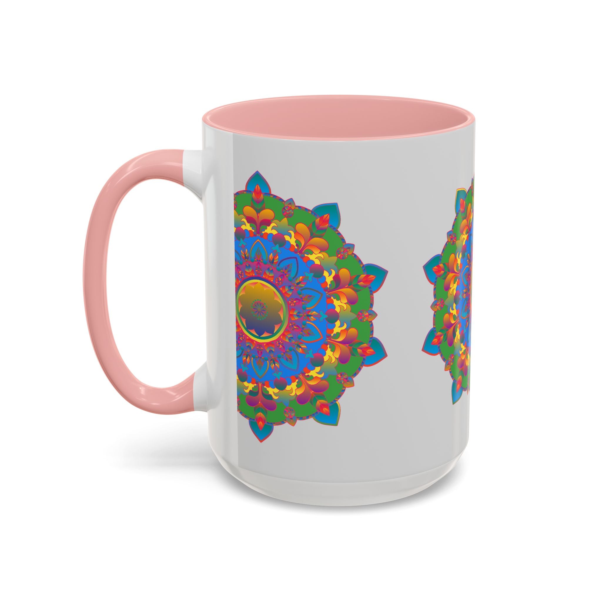 Colorful and detailed mandala flower artwork on grey coffee mug