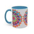 Vibrantly colored circular mandala art mug with intricate and eye-catching design