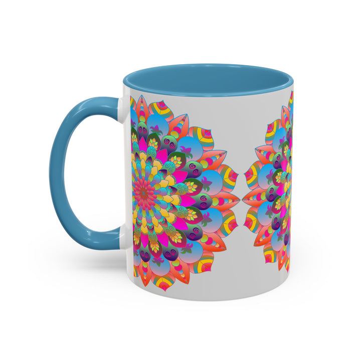 Vibrantly colored circular mandala art mug with intricate and eye-catching design